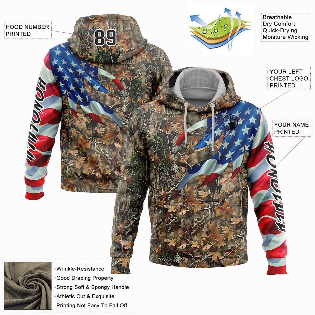Custom Camo Black-White 3D American Flag Hunting Sports Pullover Sweatshirt Hoodie photo 2
