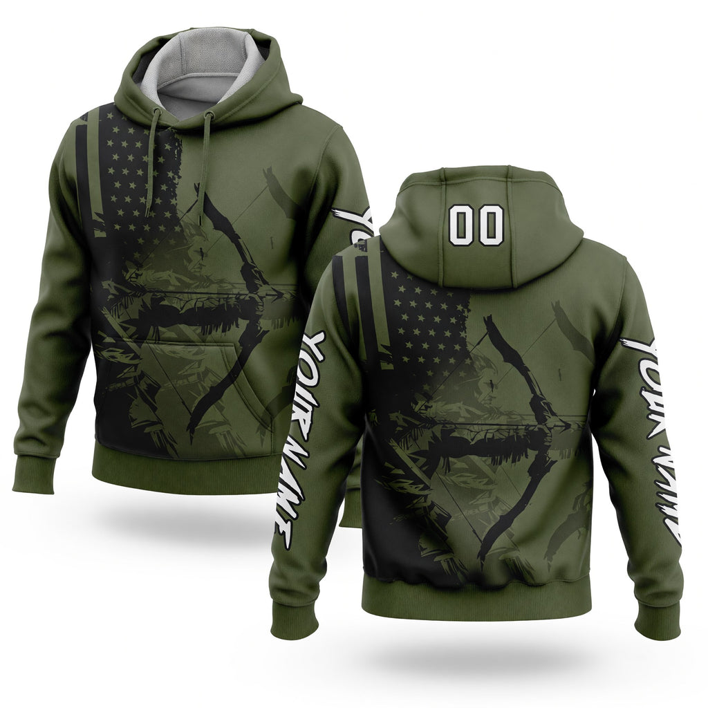 Custom Olive White-Black 3D American Flag And Bow Hunter Hunting Sports Pullover Sweatshirt Hoodie