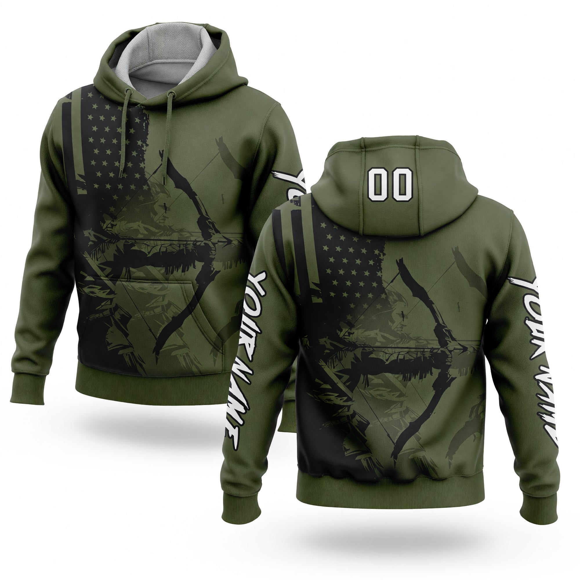 Custom Olive White-Black 3D American Flag And Bow Hunter Hunting Sports Pullover Sweatshirt Hoodie