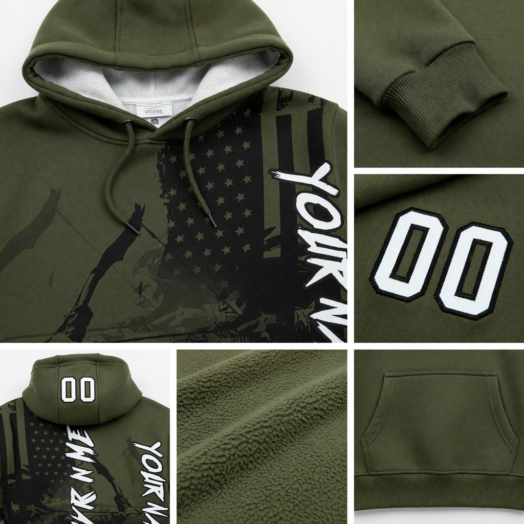 Custom Olive White-Black 3D American Flag And Bow Hunter Hunting Sports Pullover Sweatshirt Hoodie detail