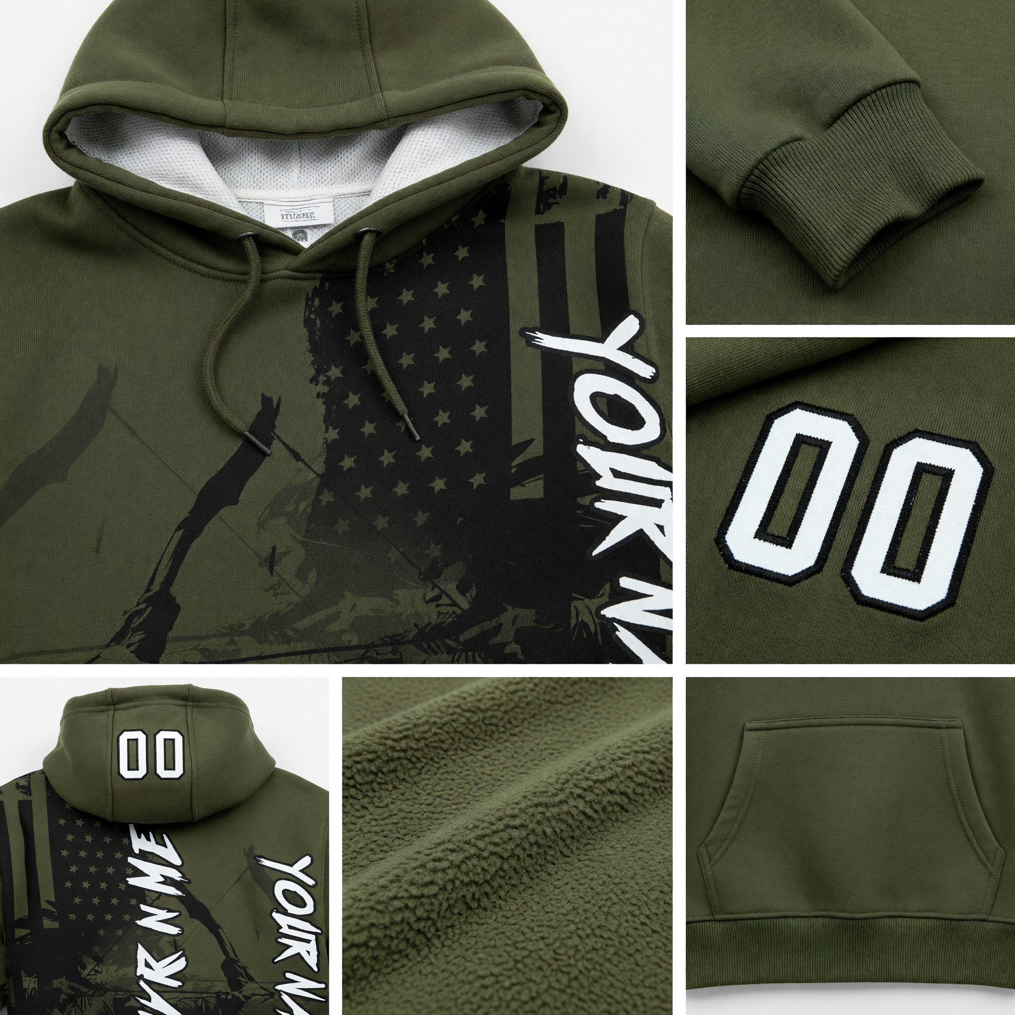 Custom Olive White-Black 3D American Flag And Bow Hunter Hunting Sports Pullover Sweatshirt Hoodie detail