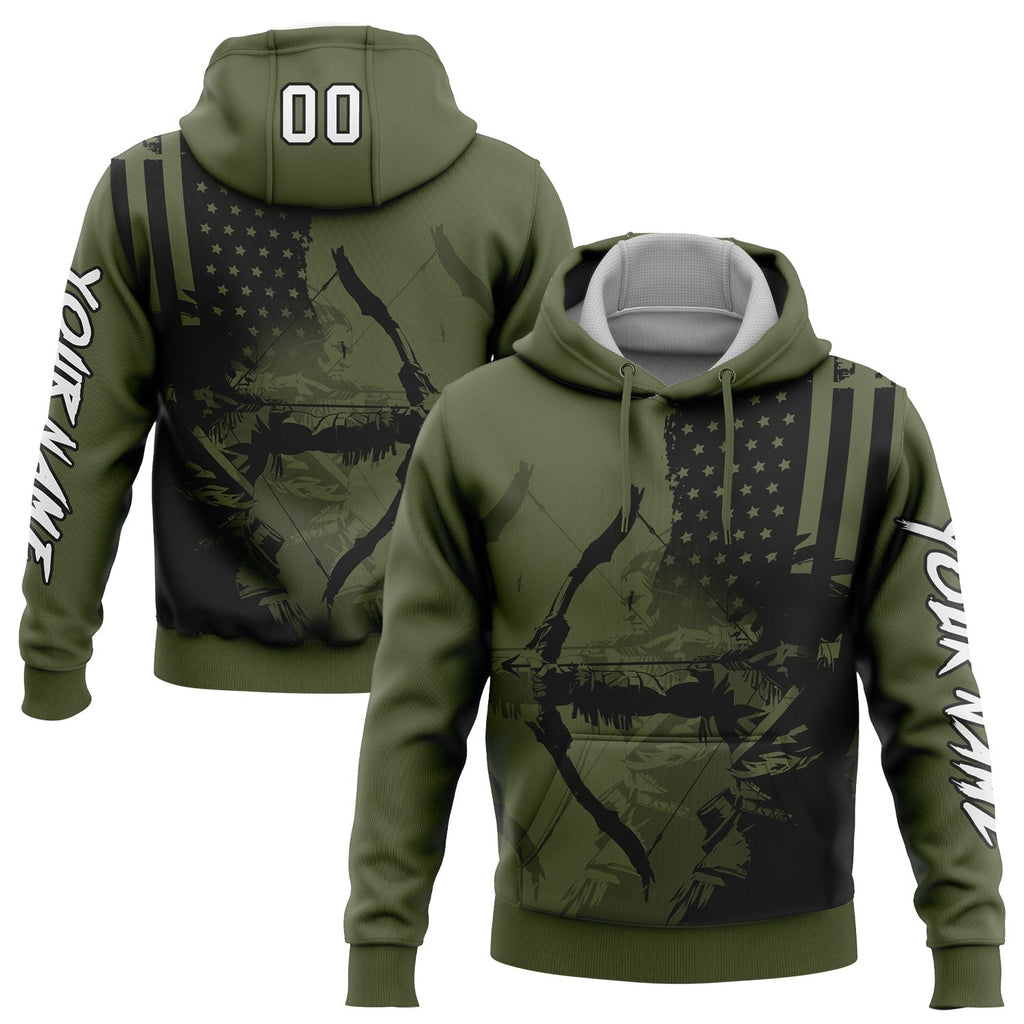 Custom Olive White-Black 3D American Flag And Bow Hunter Hunting Sports Pullover Sweatshirt Hoodie photo 1