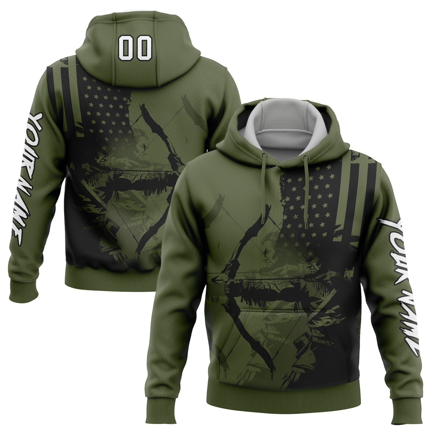 Custom Olive White-Black 3D American Flag And Bow Hunter Hunting Sports Pullover Sweatshirt Hoodie photo 1