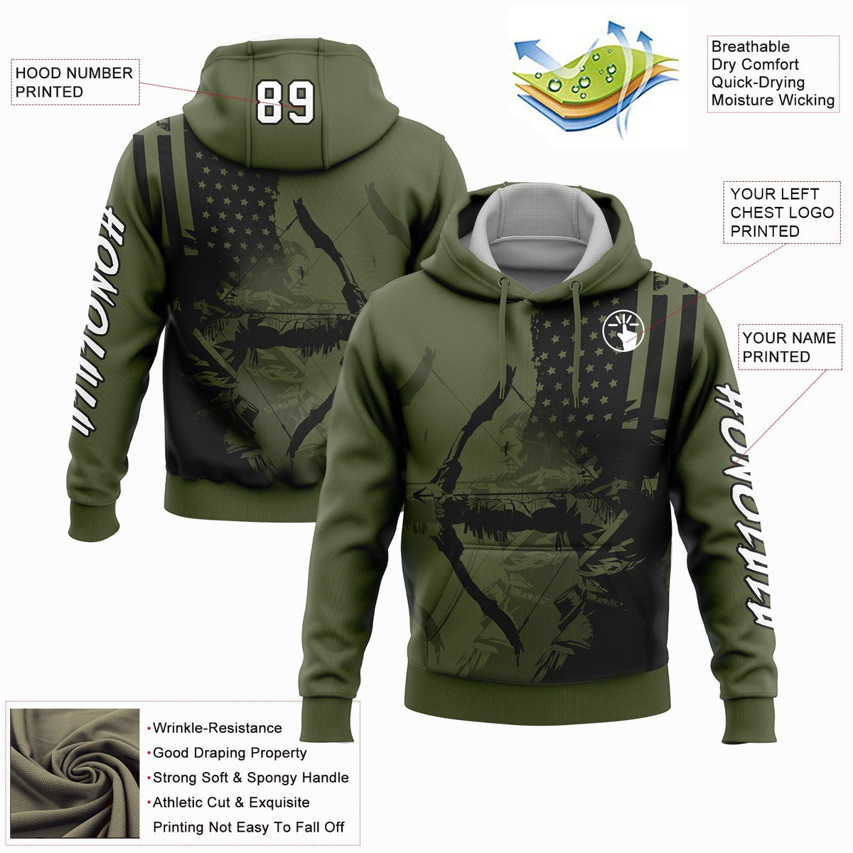 Custom Olive White-Black 3D American Flag And Bow Hunter Hunting Sports Pullover Sweatshirt Hoodie photo 2