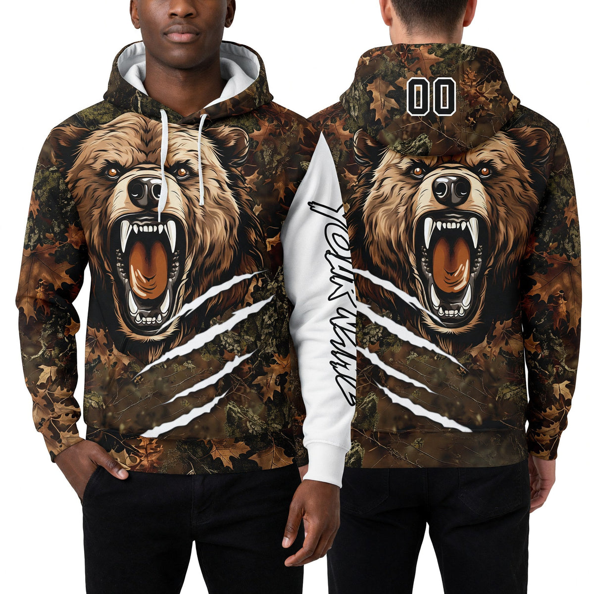Custom Camo Black-White 3D Bear Hunting Sports Pullover Sweatshirt Hoodie worn front and back