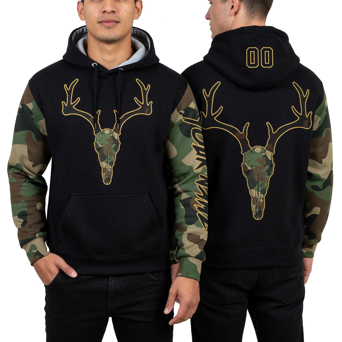 Custom Black Cmao-Old Gold 3D Deer Hunting Sports Pullover Sweatshirt Hoodie worn front and back