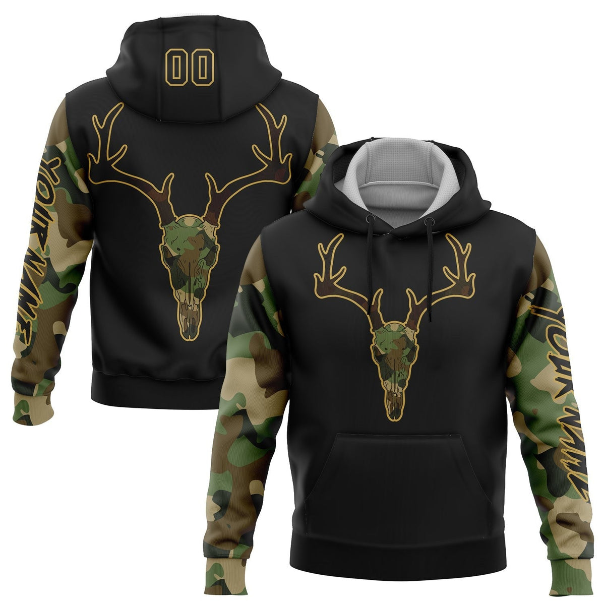 Custom Black Cmao-Old Gold 3D Deer Hunting Sports Pullover Sweatshirt Hoodie