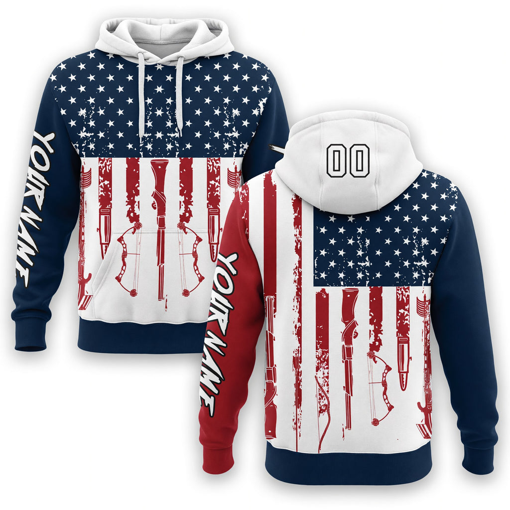 Custom Navy Red-Black 3D American Flag And Hunting Tools Sports Pullover Sweatshirt Hoodie