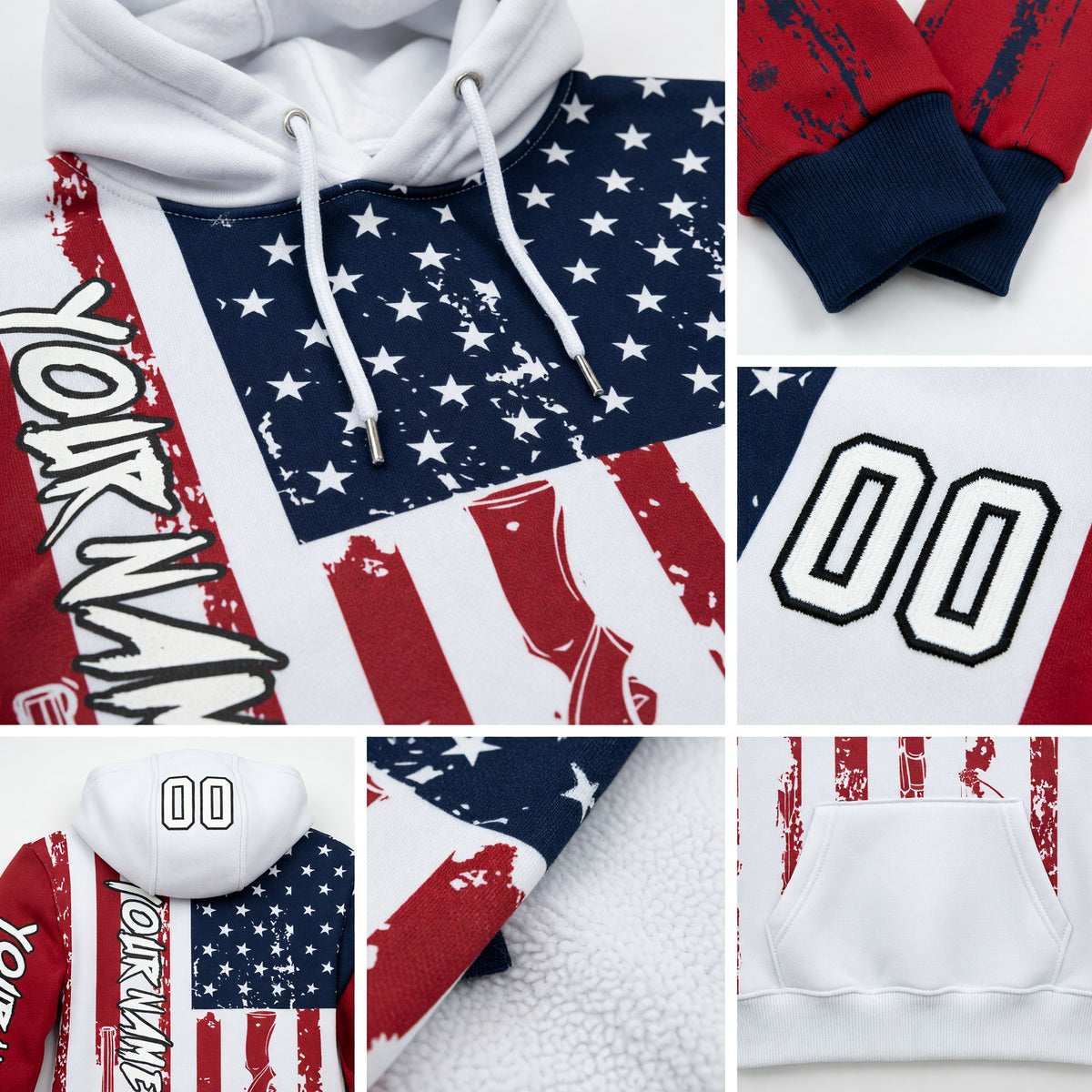 Custom Navy Red-Black 3D American Flag And Hunting Tools Sports Pullover Sweatshirt Hoodie detail