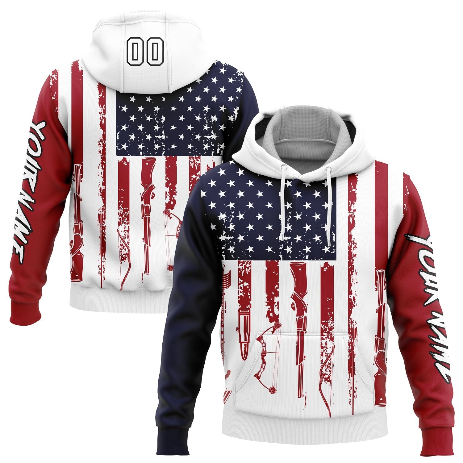 Custom Navy Red-Black 3D American Flag And Hunting Tools Sports Pullover Sweatshirt Hoodie photo 1