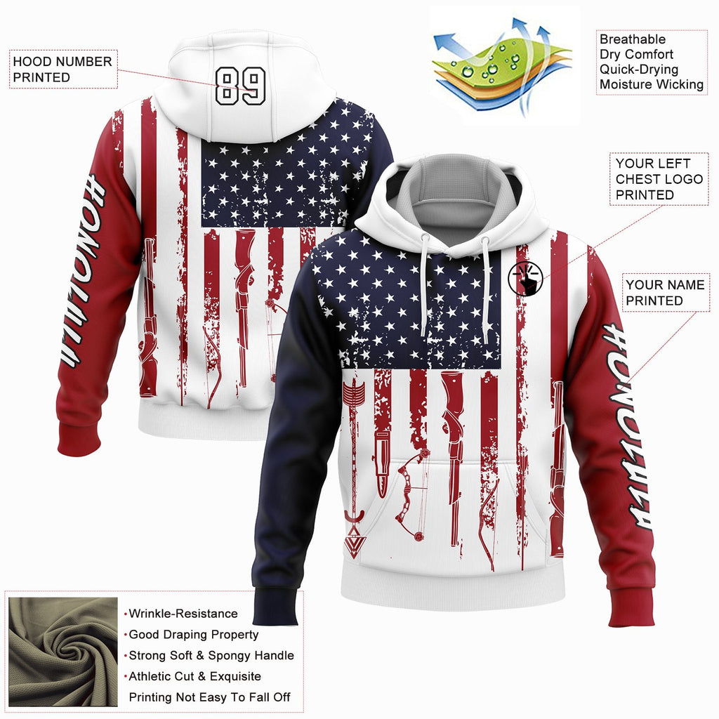 Custom Navy Red-Black 3D American Flag And Hunting Tools Sports Pullover Sweatshirt Hoodie photo 2