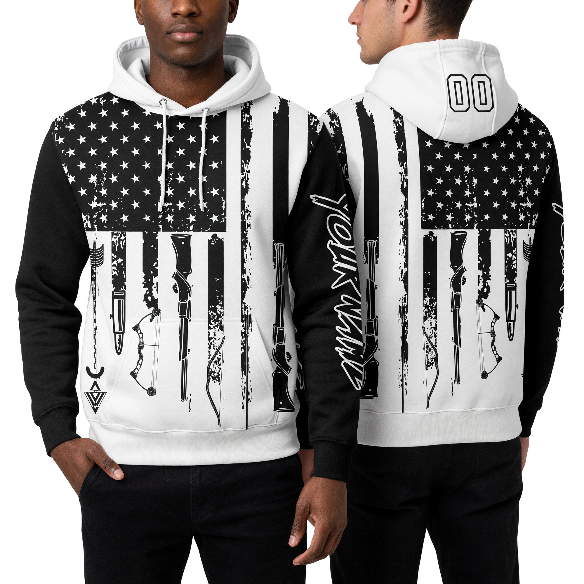 Custom Black White 3D American Flag And Hunting Tools Sports Pullover Sweatshirt Hoodie worn front and back