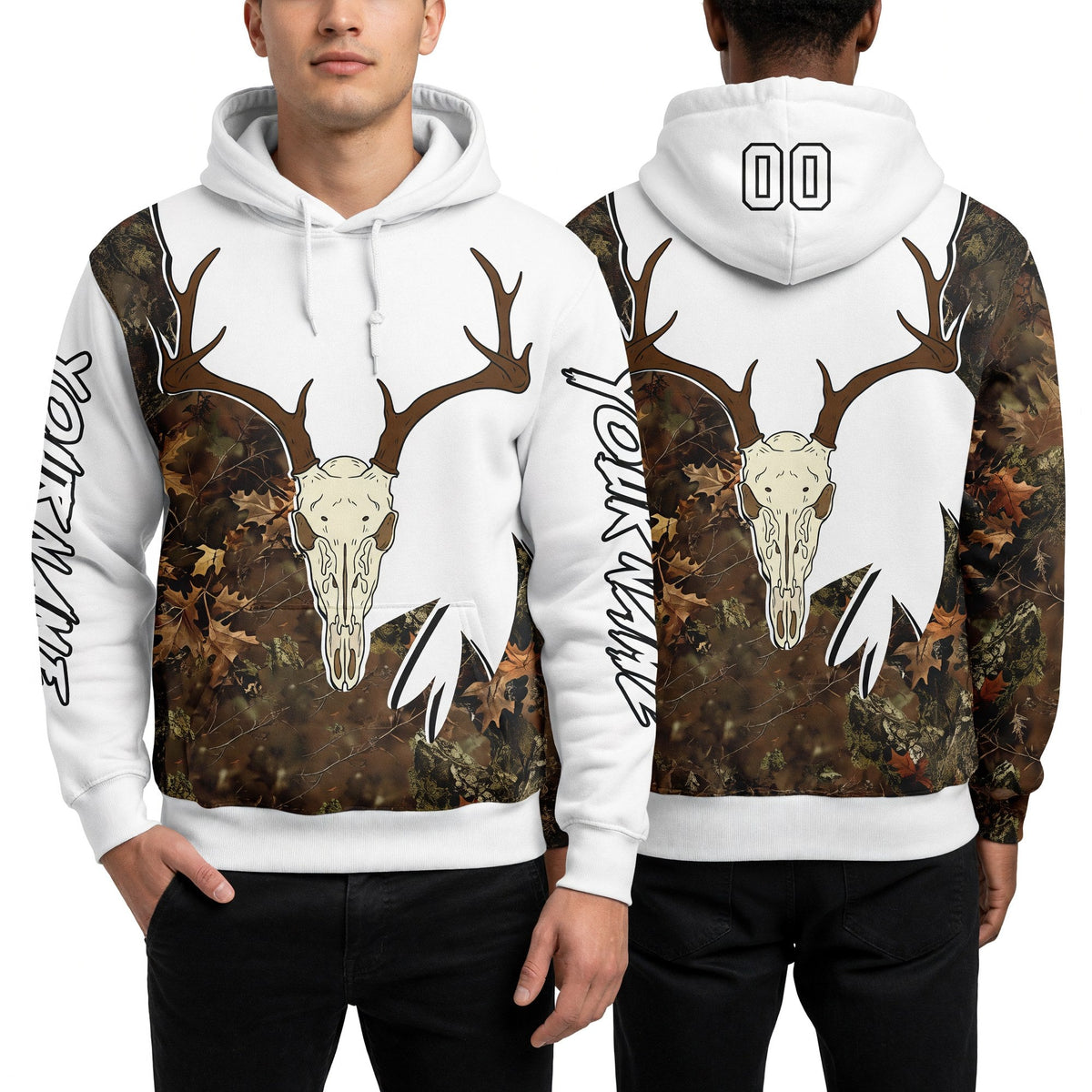 Custom White Black-Camo 3D Deer Skull Hunting Sports Pullover Sweatshirt Hoodie worn front and back
