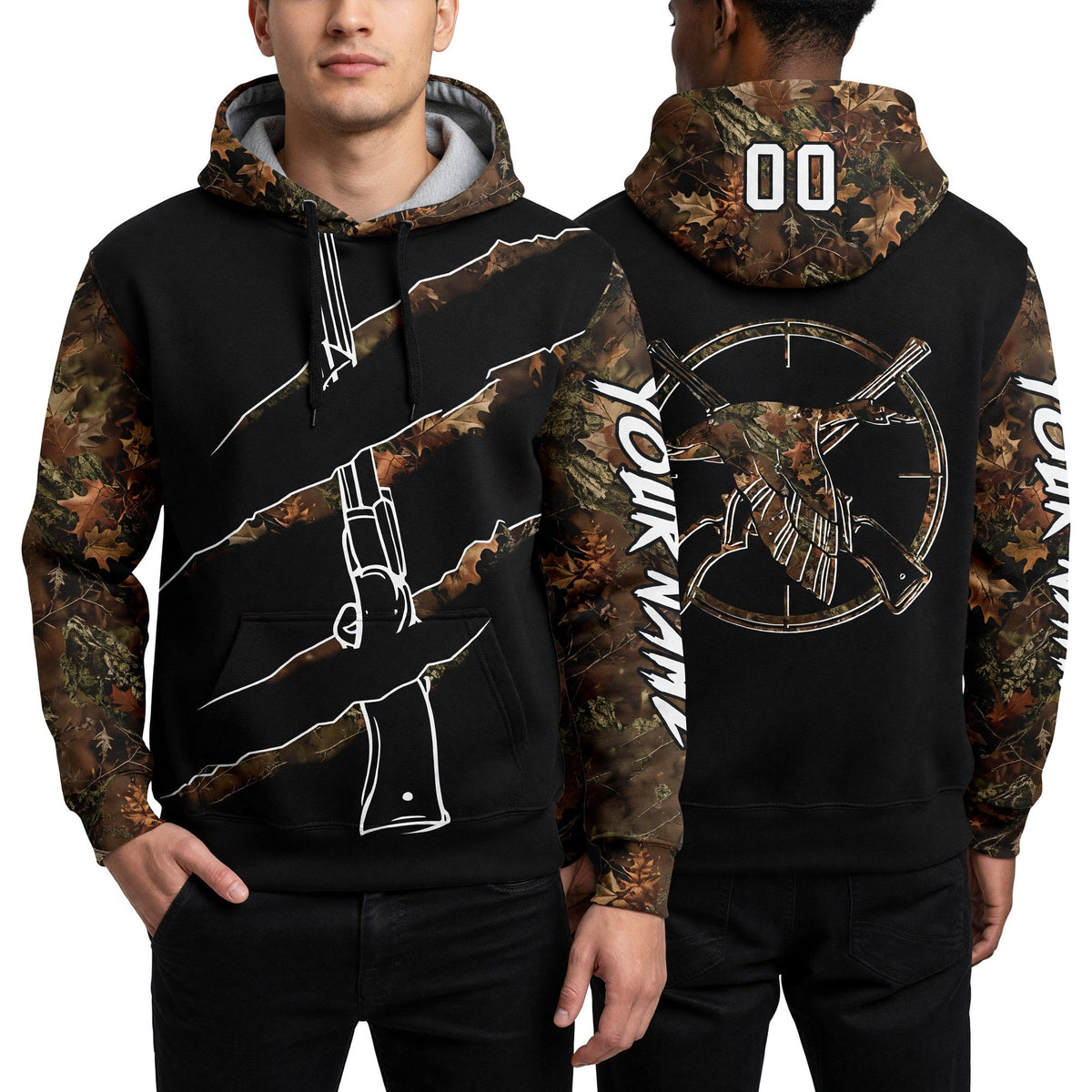 Custom Black White-Camo 3D Duck Gun Hunting Sports Pullover Sweatshirt Hoodie worn front and back