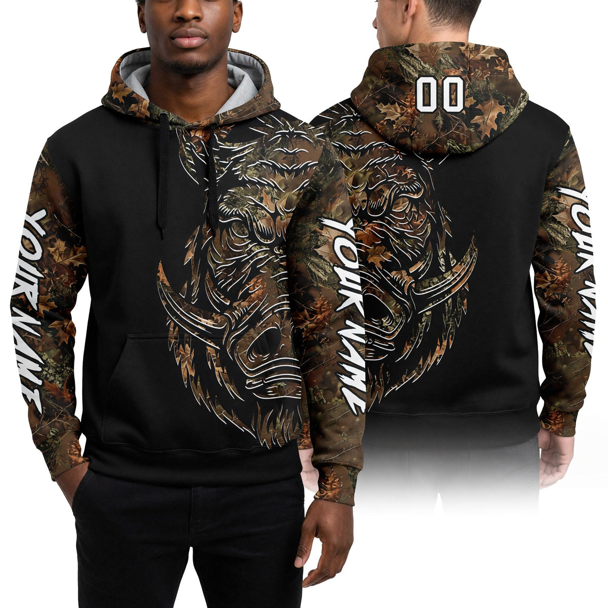 Custom Camo White-Black 3D Wild Boar Hunting Sports Pullover Sweatshirt Hoodie worn front and back