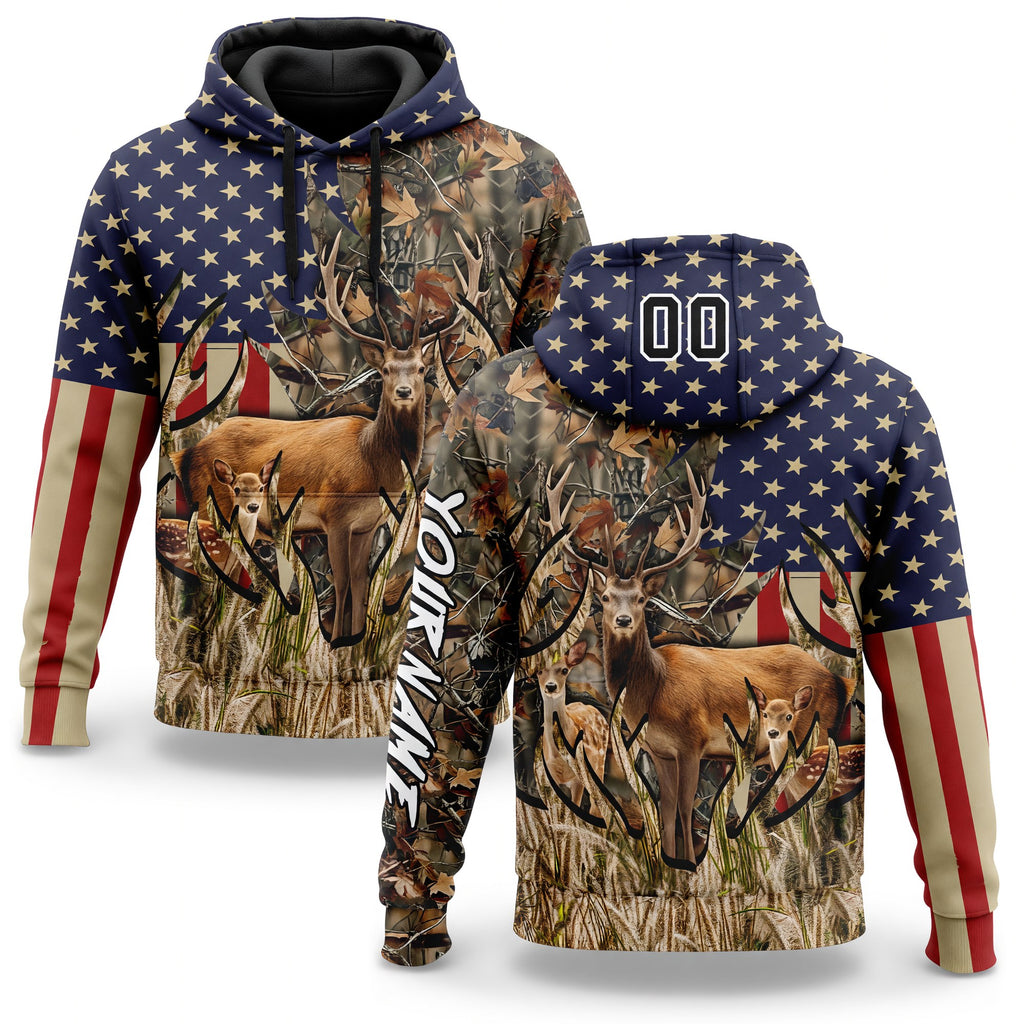 Custom Camo Black-White 3D American Flag And Deer Hunting Sports Pullover Sweatshirt Hoodie