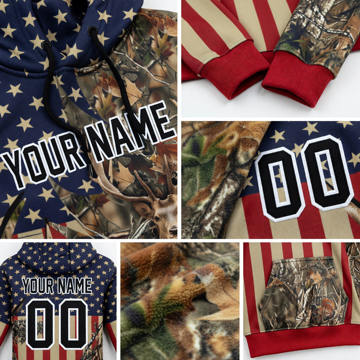 Custom Camo Black-White 3D American Flag And Deer Hunting Sports Pullover Sweatshirt Hoodie detail