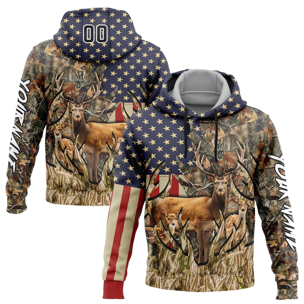 Custom Camo Black-White 3D American Flag And Deer Hunting Sports Pullover Sweatshirt Hoodie photo 1
