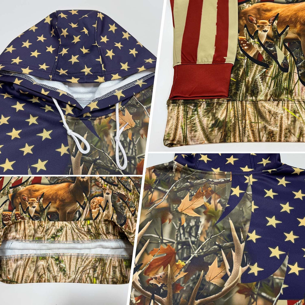 Custom Camo Black-White 3D American Flag And Deer Hunting Sports Pullover Sweatshirt Hoodie photo 2
