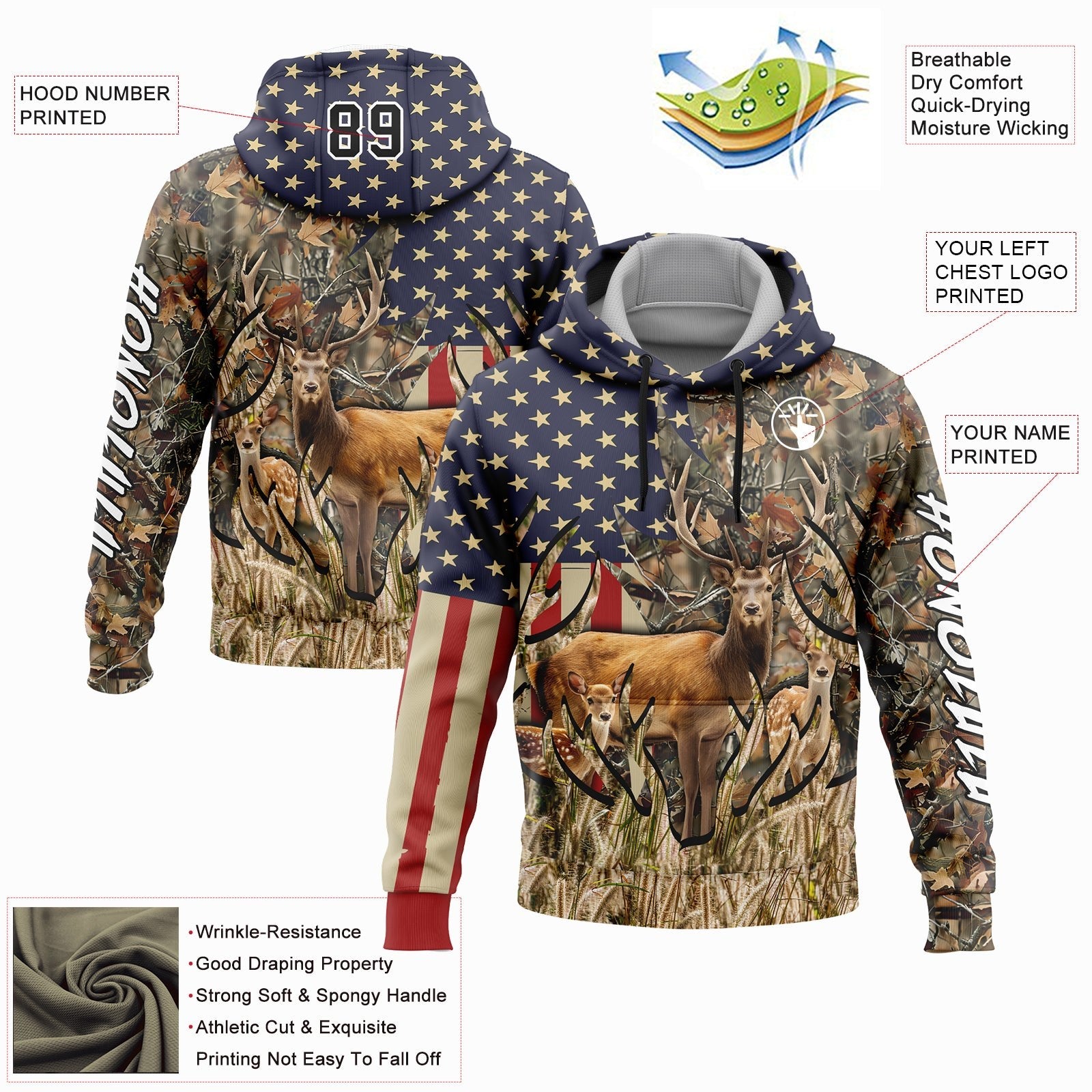 Custom Camo Black-White 3D American Flag And Deer Hunting Sports Pullover Sweatshirt Hoodie photo 3