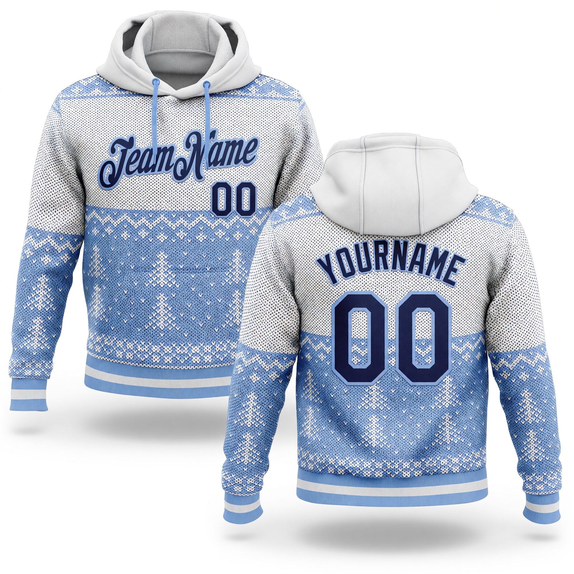 Custom Stitched White Navy-Light Blue 3D Christmas Sports Pullover Sweatshirt Hoodie