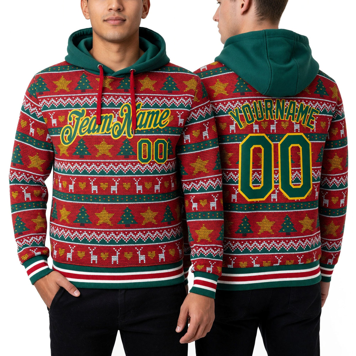 Custom Stitched Red Kelly Green-Gold 3D Christmas Sports Pullover Sweatshirt Hoodie worn front and back