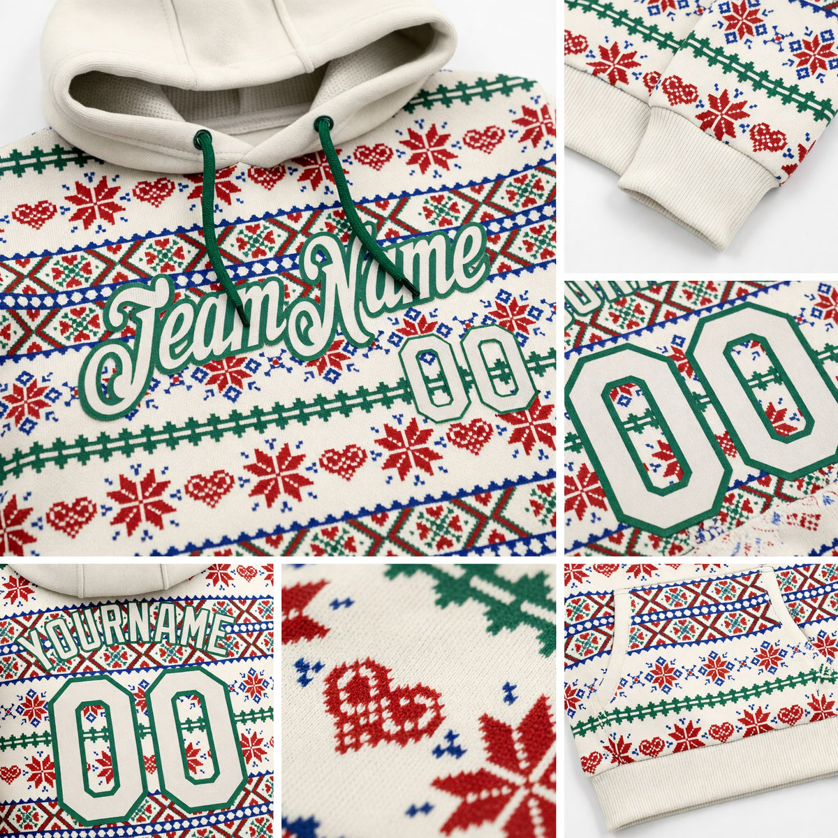 Custom Stitched Cream Red-White 3D Christmas Sports Pullover Sweatshirt Hoodie detail