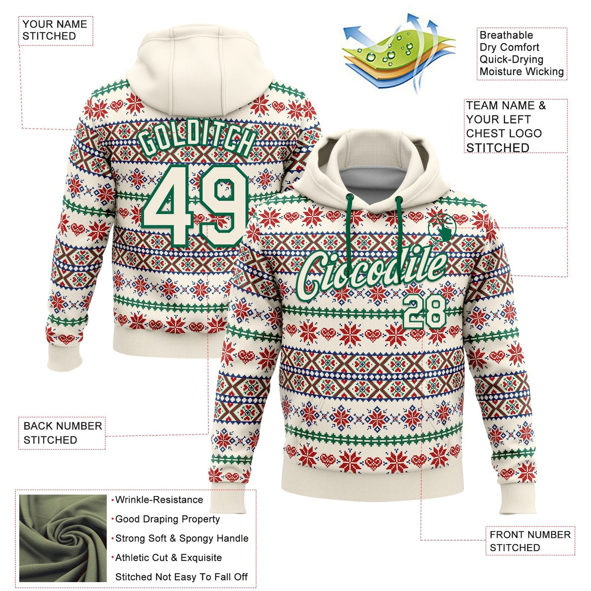 Custom Stitched Cream Red-White 3D Christmas Sports Pullover Sweatshirt Hoodie photo 2
