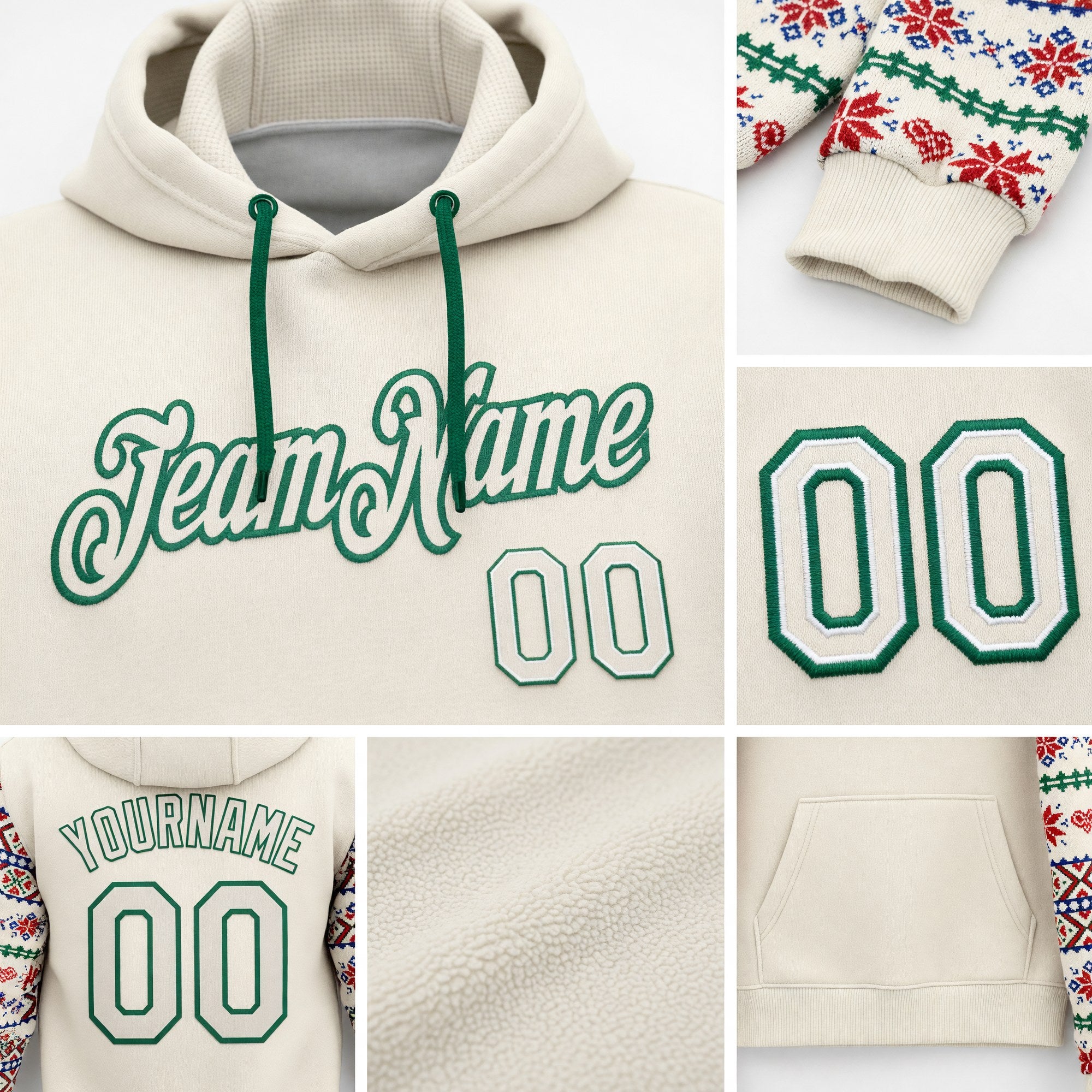 Custom Stitched Cream Red-White 3D Christmas Sports Pullover Sweatshirt Hoodie detail