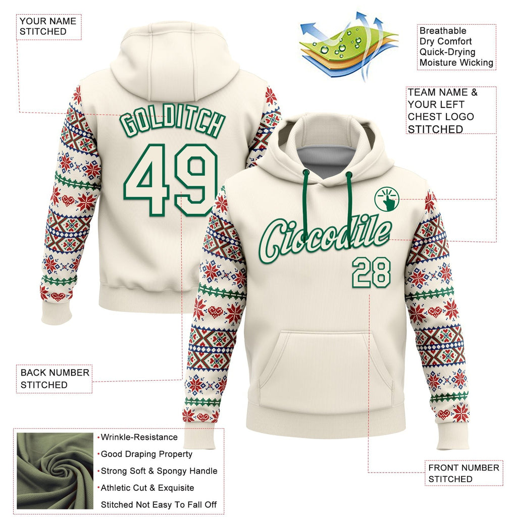 Custom Stitched Cream Red-White 3D Christmas Sports Pullover Sweatshirt Hoodie photo 2