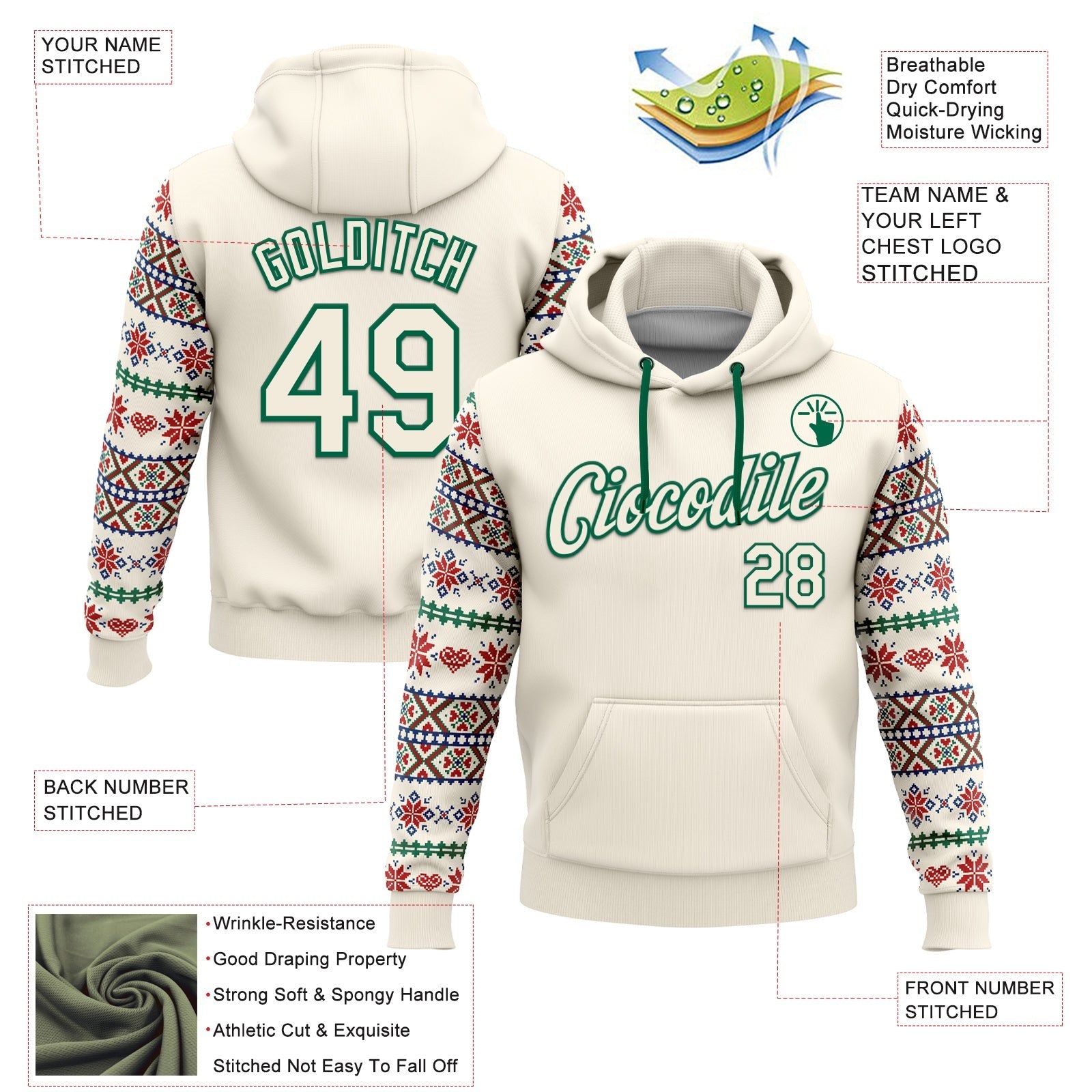 Custom Stitched Cream Red-White 3D Christmas Sports Pullover Sweatshirt Hoodie photo 2