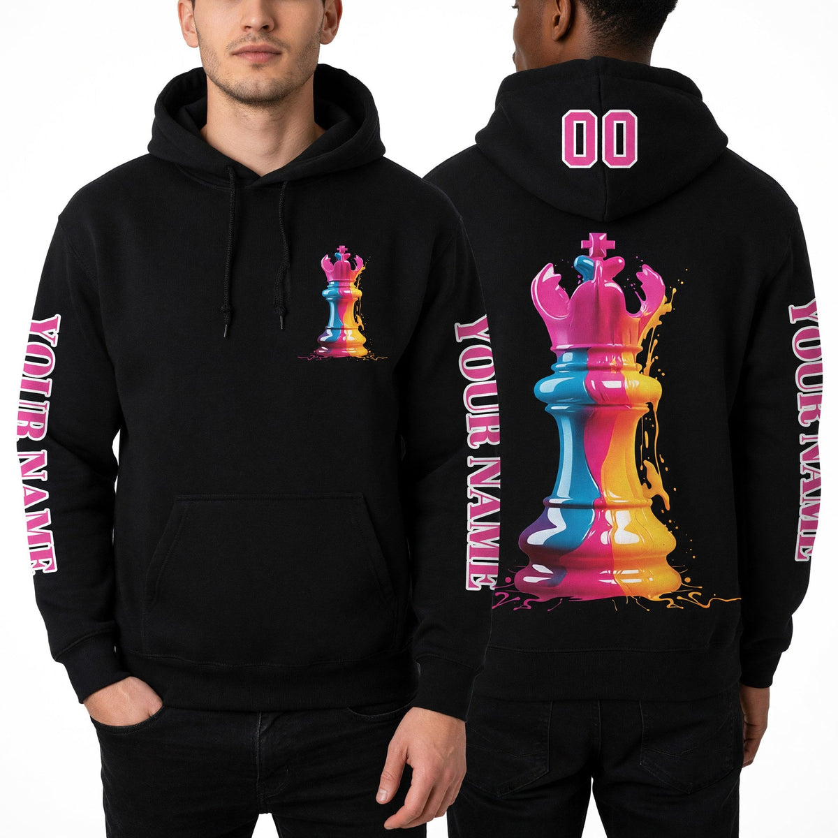 Custom Black Pink-White 3D Watercolor Chess Piece International Chess Day Sports Pullover Sweatshirt Hoodie worn front and back