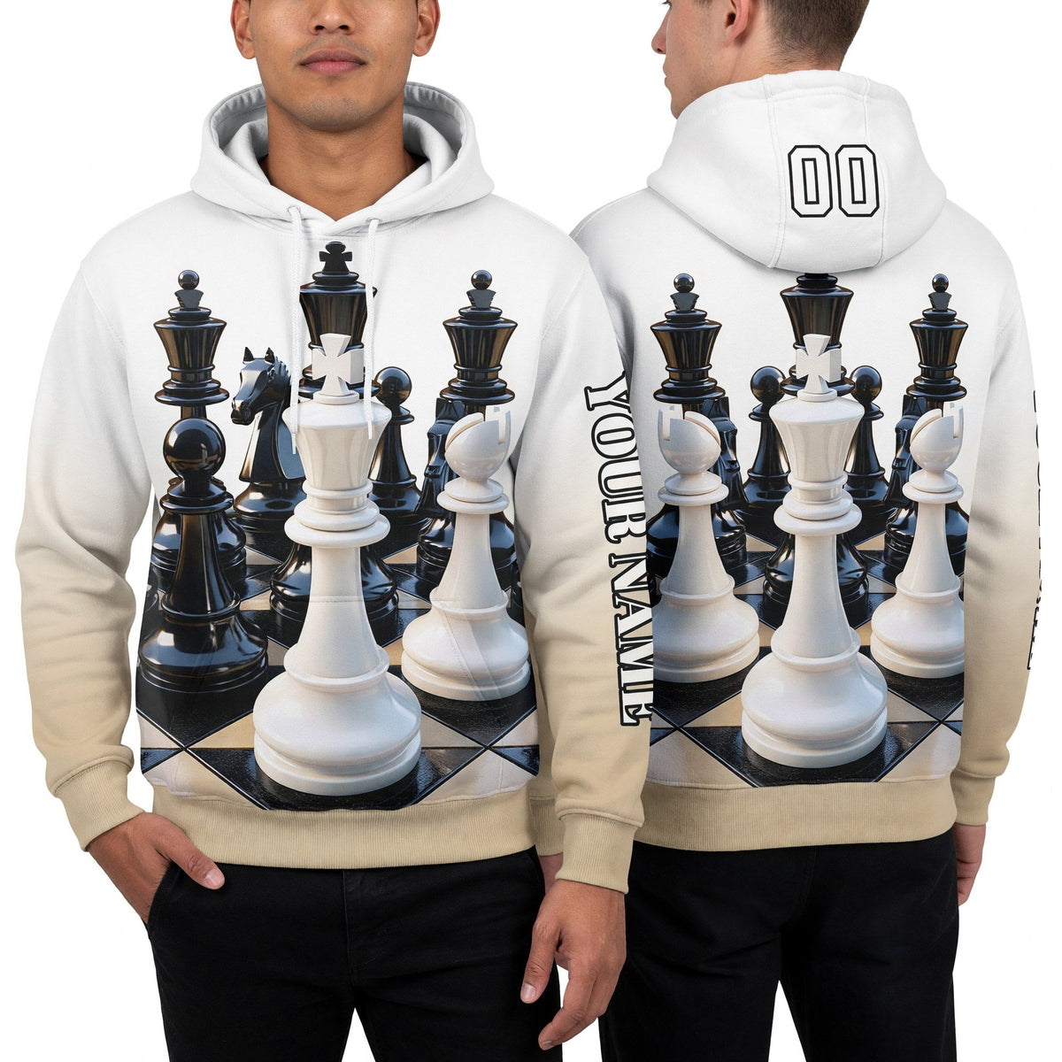 Custom White Vegas Gold-Black 3D Chess International Chess Day Sports Pullover Sweatshirt Hoodie worn front and back