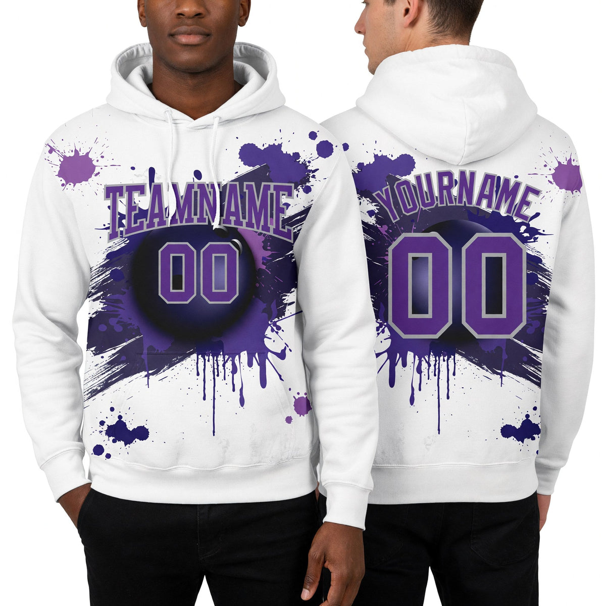 Custom Stitched White Purple-Gray 3D Dripping Splatter Bowling Ball Sports Pullover Sweatshirt Hoodie worn front and back