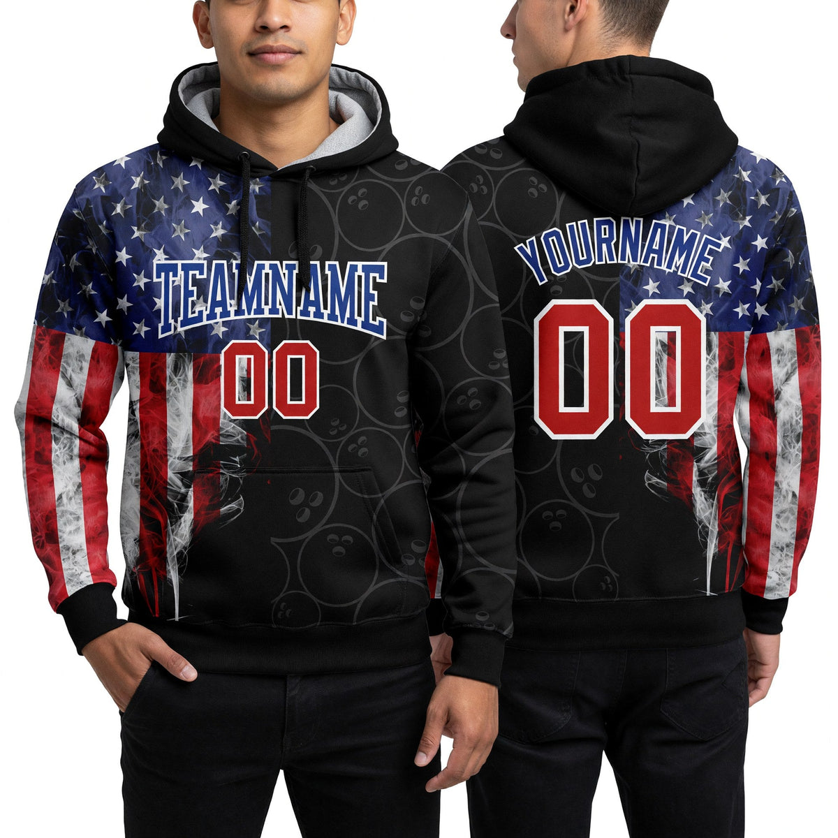 Custom Stitched Black Red-Royal 3D American Flag Bowling Sports Pullover Sweatshirt Hoodie worn front and back