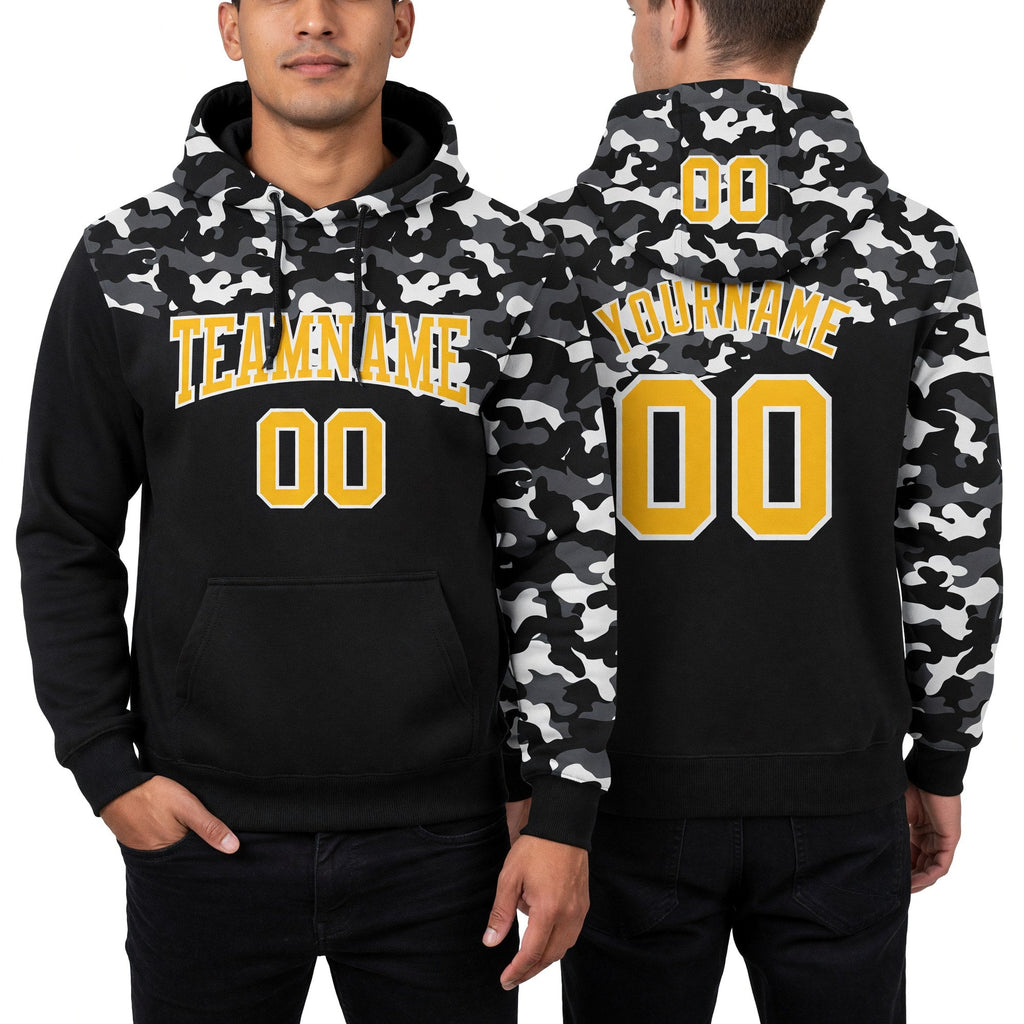 Custom Stitched Camo Gold Black-Steel Gray 3D Sports Pullover Sweatshirt Salute To Service Hoodie worn front and back