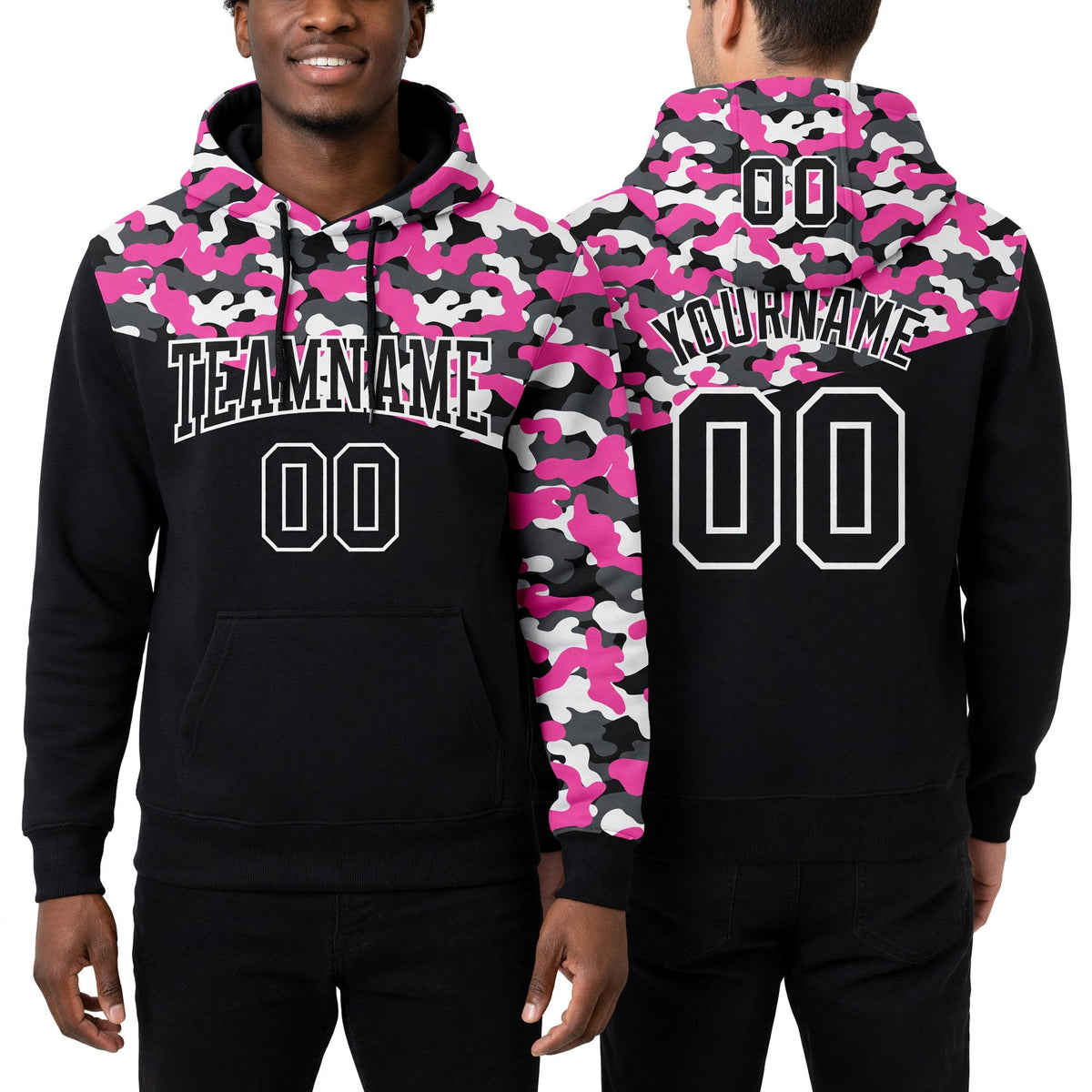 Custom Stitched Camo Black Pink-Steel Gray 3D Sports Pullover Sweatshirt Salute To Service Hoodie worn front and back