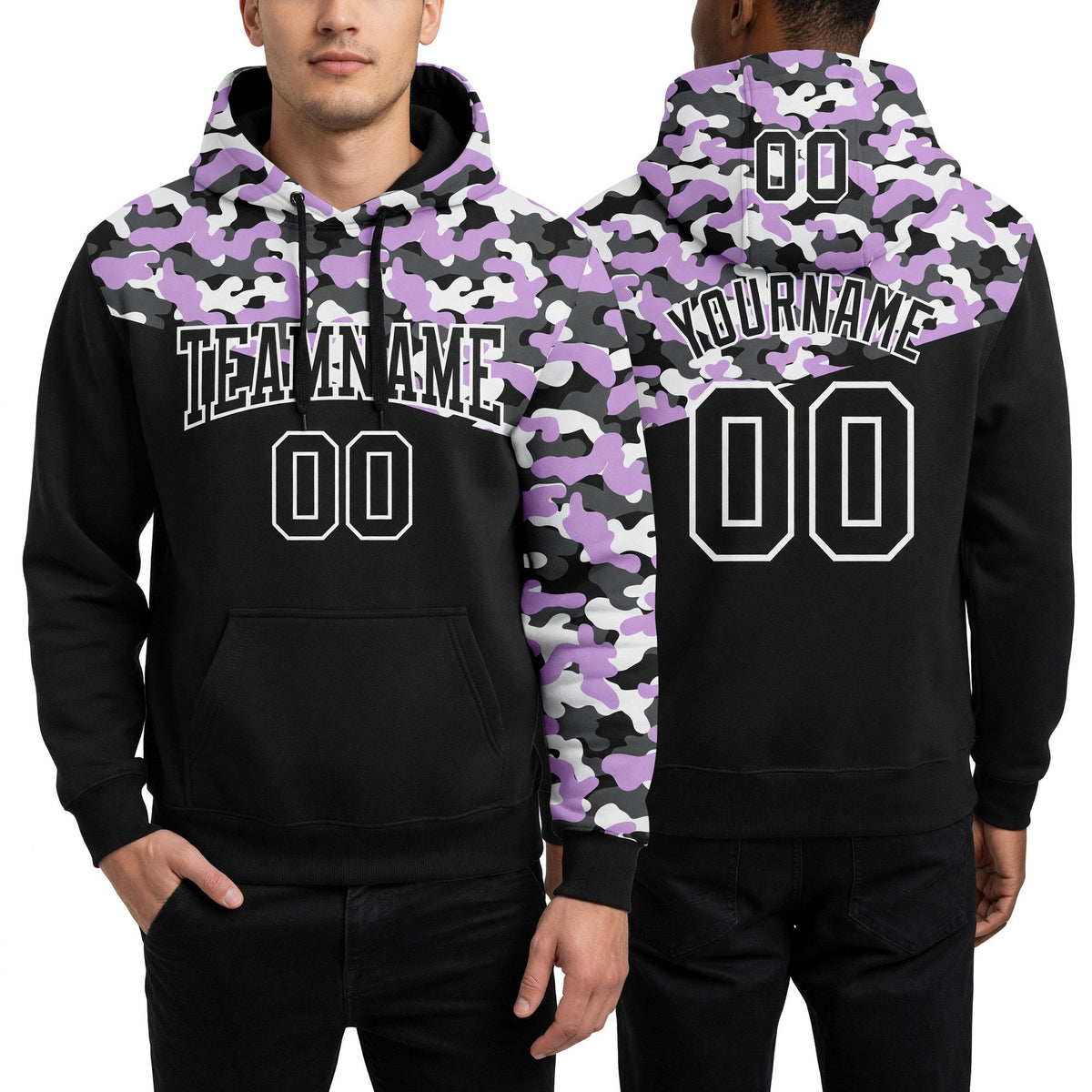 Custom Stitched Camo Black Light Purple-Steel Gray 3D Sports Pullover Sweatshirt Salute To Service Hoodie worn front and back