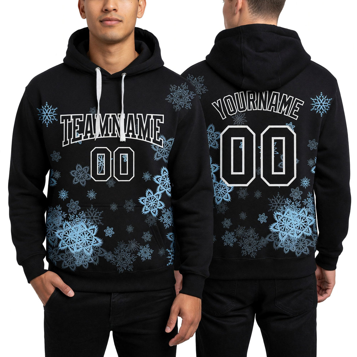Custom Stitched Black White Christmas Snowflakes 3D Sports Pullover Sweatshirt Hoodie worn front and back