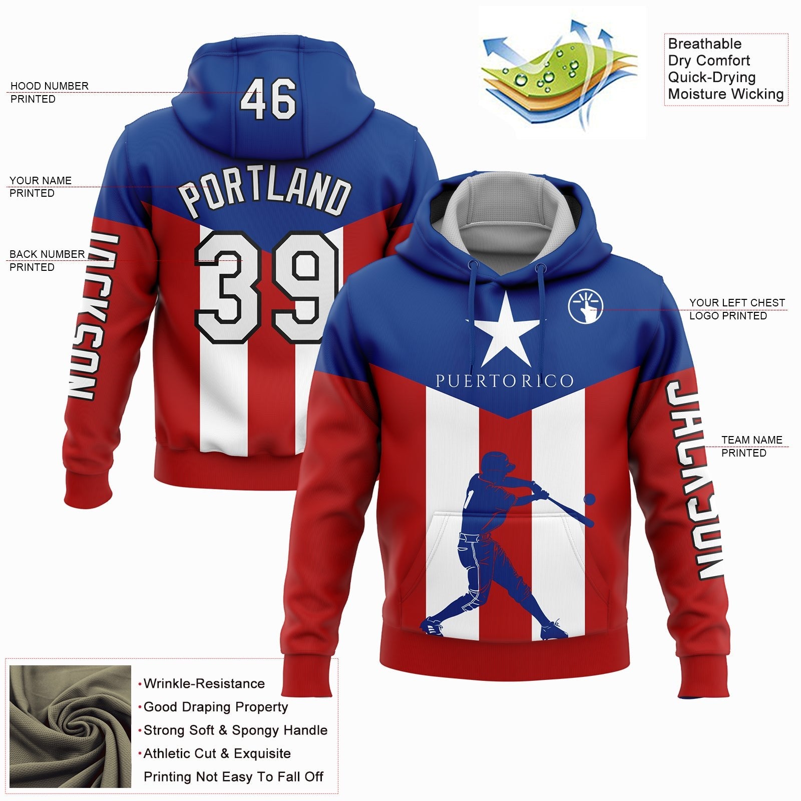 Custom Red Royal-Black 3D Puerto Rico Puerto Rican Flag Sports Pullover Sweatshirt Hoodie photo 2