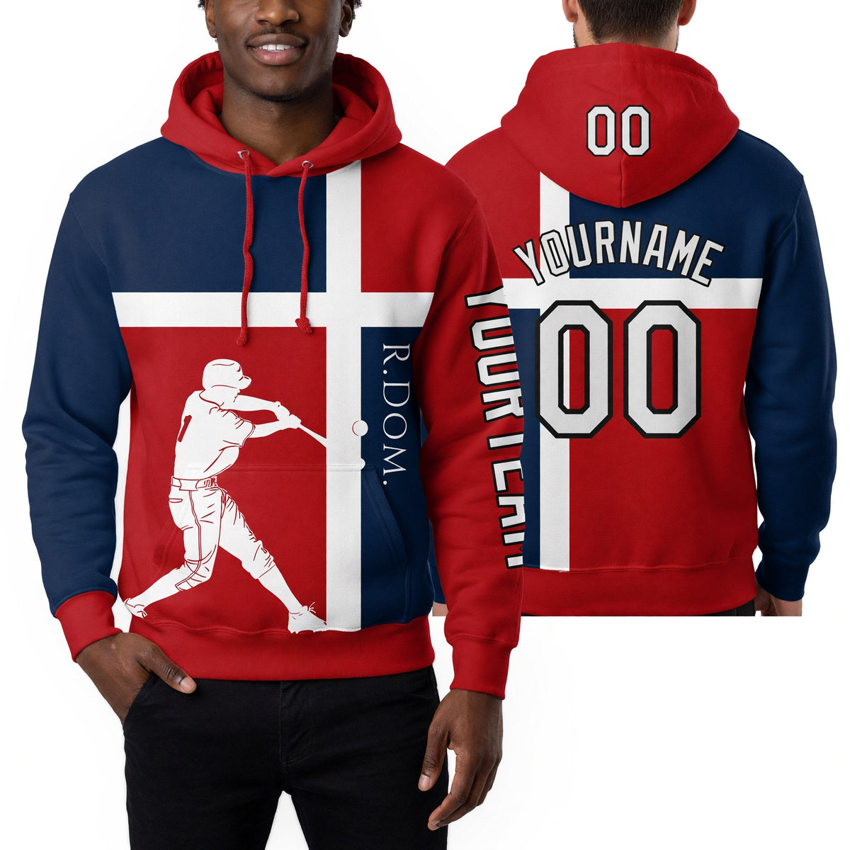 Custom Red US Navy Blue-Black 3D Dominican Republic Dominican Republic Flag Sports Pullover Sweatshirt Hoodie worn front and back