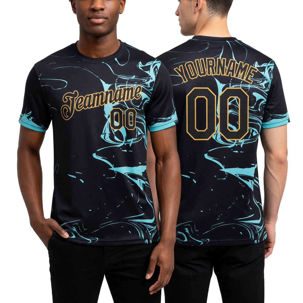 Custom Black Ice Blue-Old Gold 3D Esports Performance T-Shirt worn front and back