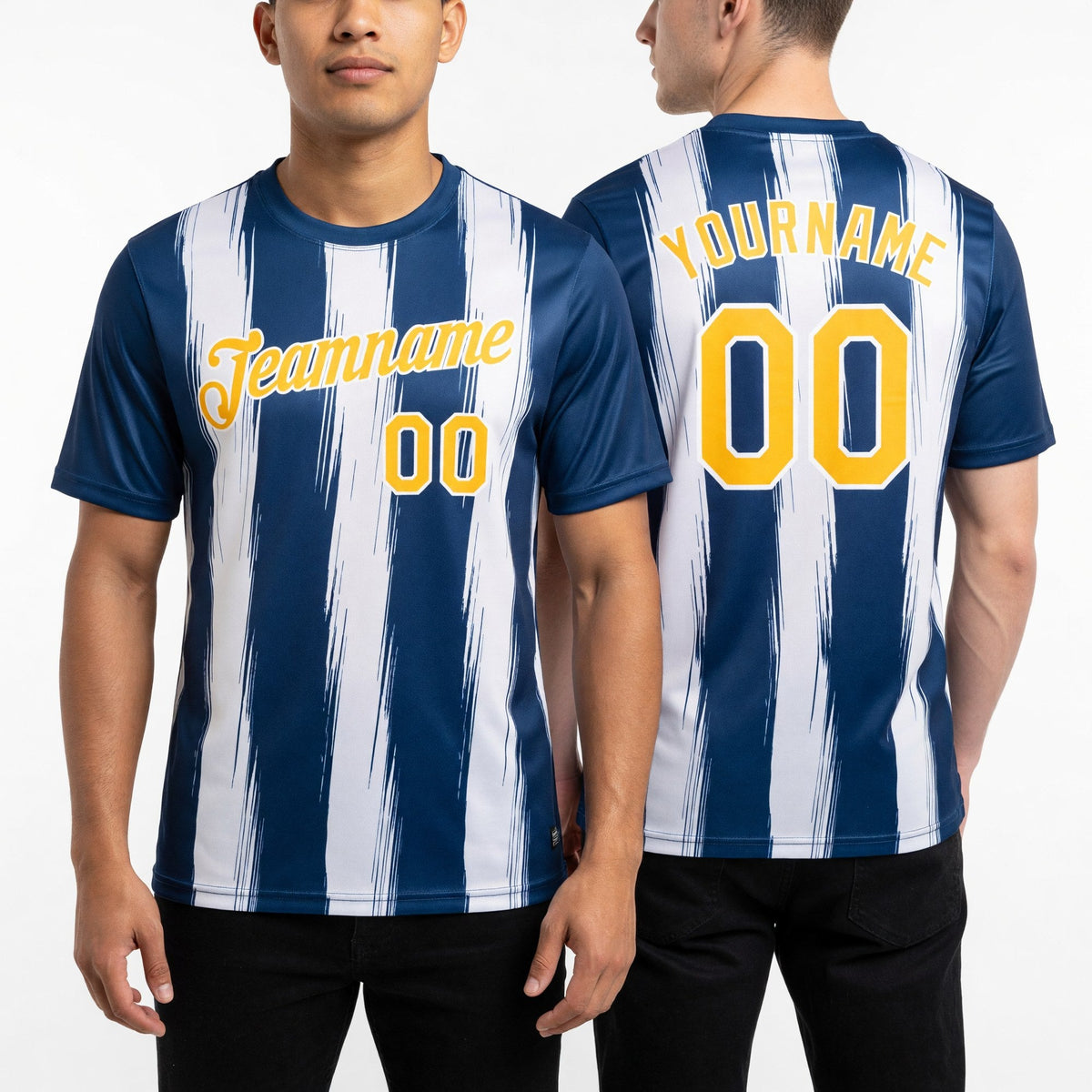 Custom US Navy Blue Gold-White 3D Esports Performance T-Shirt worn front and back