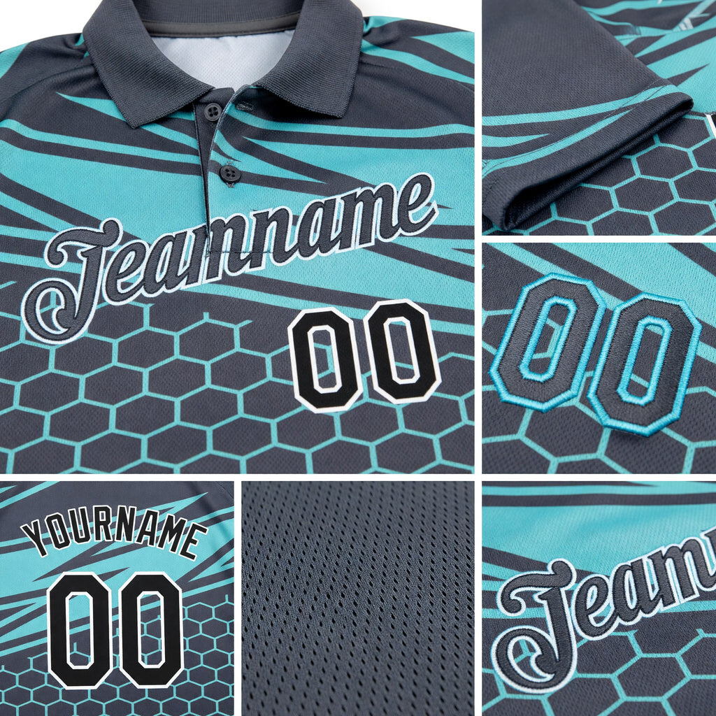 Custom Steel Gray Black-Ice Blue 3D Esports Performance T-Shirt detail