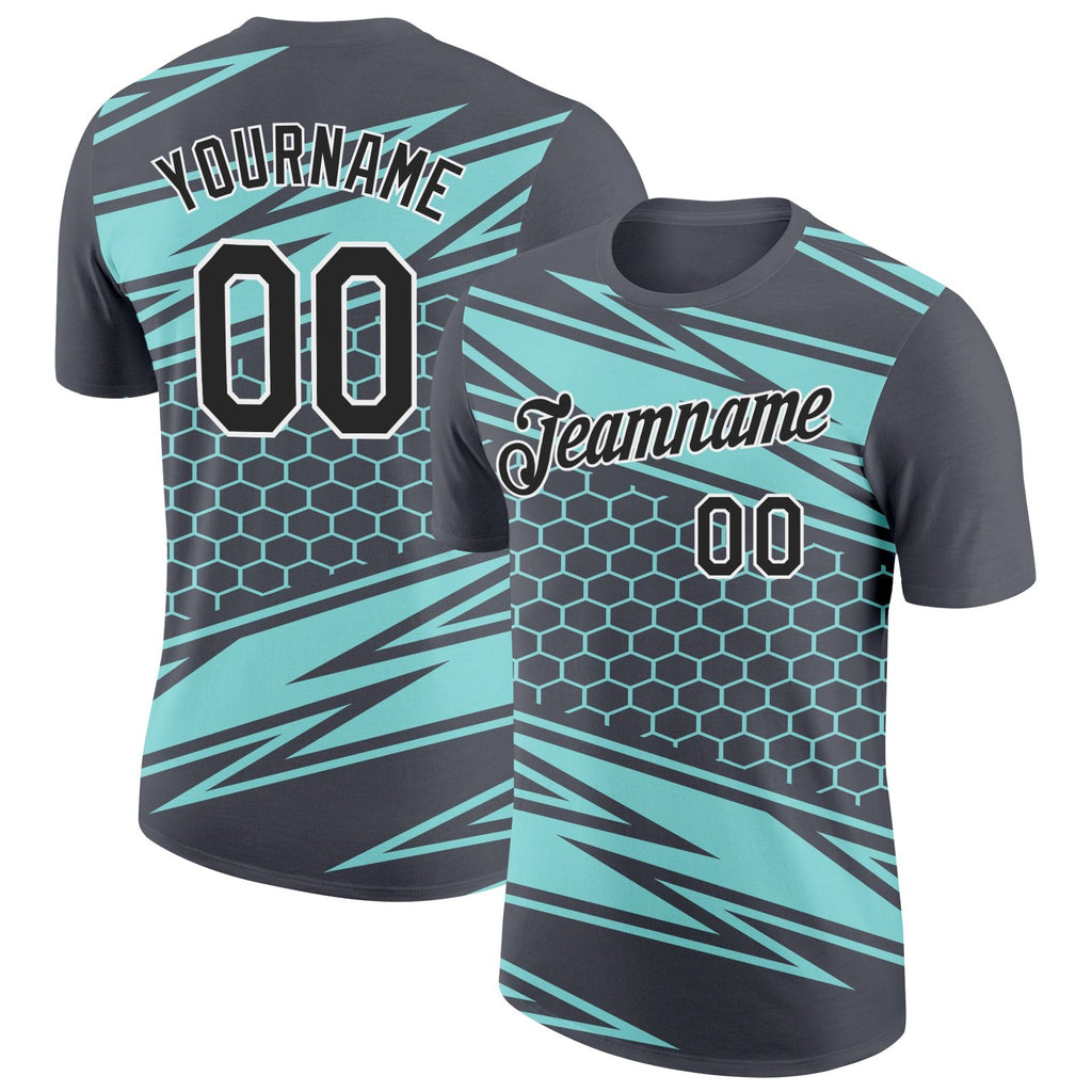 Custom Steel Gray Black-Ice Blue 3D Esports Performance T-Shirt photo 1