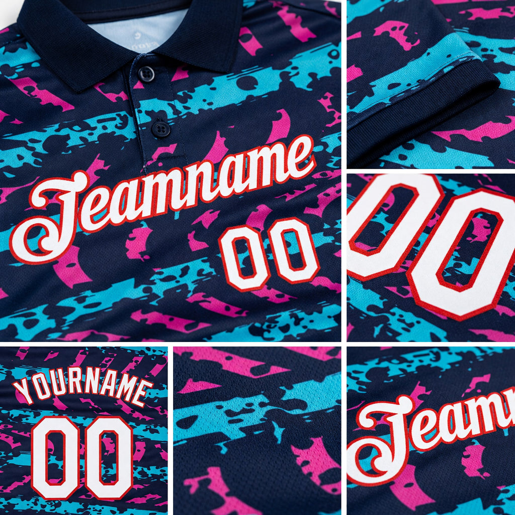 Custom Navy Lakes Blue Deep Pink-Red 3D Esports Performance T-Shirt detail