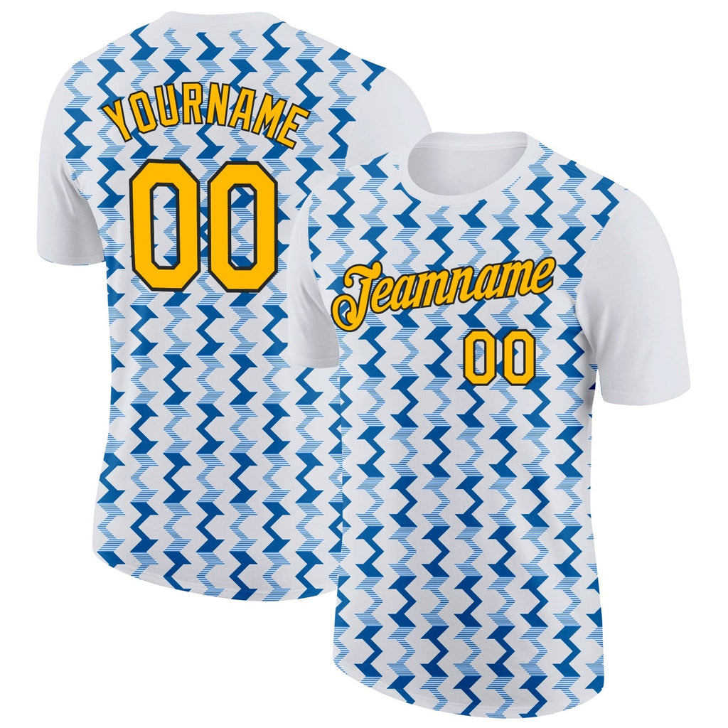 Custom White Gold Blue-Black 3D Esports Performance T-Shirt photo 1