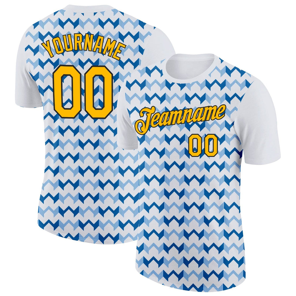 Custom White Gold Blue-Black 3D Esports Performance T-Shirt photo 1