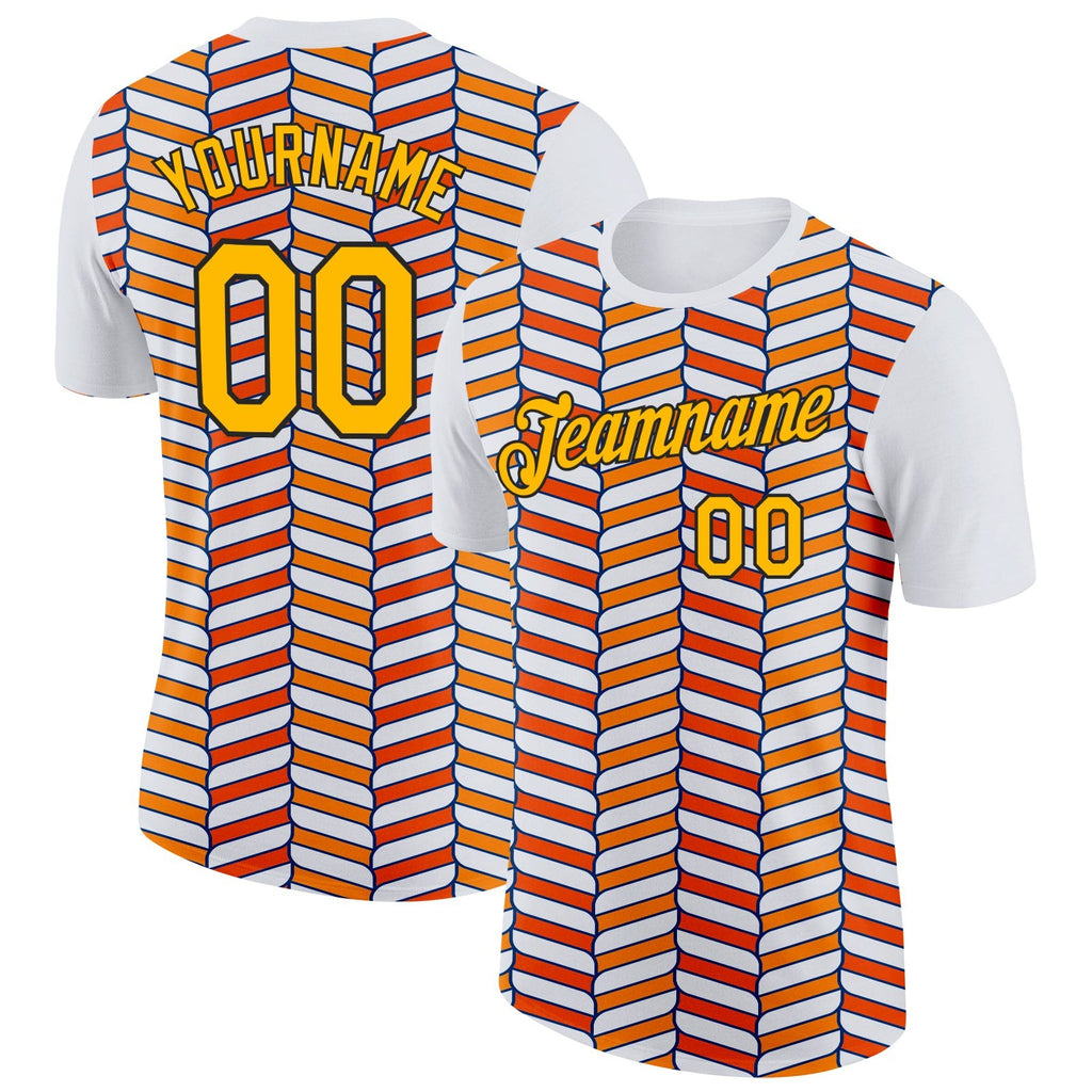 Custom White Gold Orange US Navy Blue-Black 3D Esports Performance T-Shirt photo 1