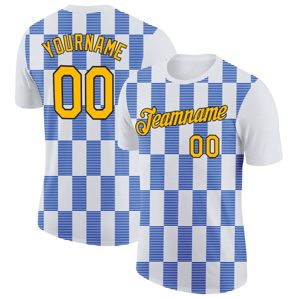 Custom White Gold Thunder Blue-Black 3D Esports Performance T-Shirt photo 1